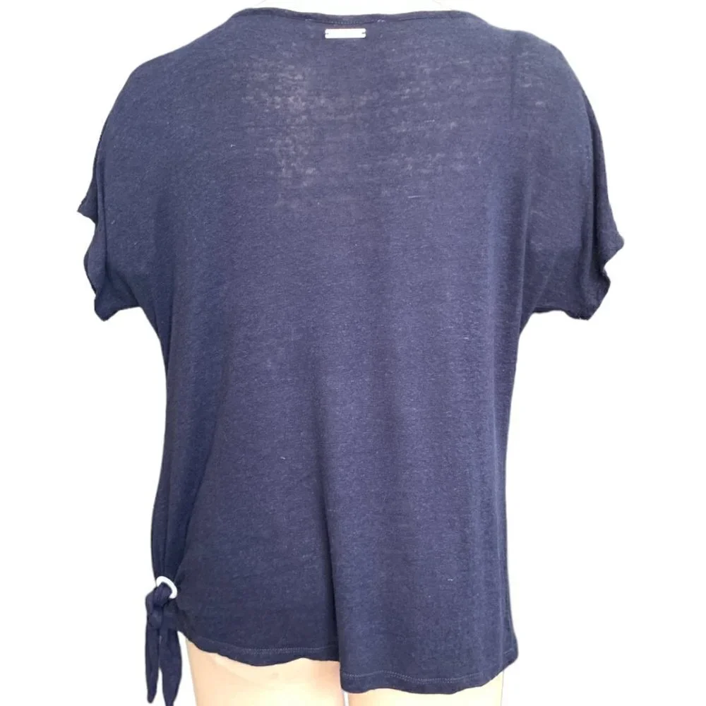 Michael Kors Linen-Viscose‎ Short Sleeve Tee Side Tie Sz M Navy Blue 104D